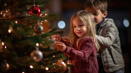 Fototapeta na wymiar Young children decorate the Christmas tree at home.