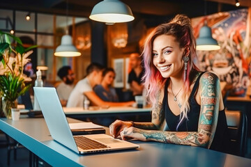 The girl with the tattoo is working on a laptop. - obrazy, fototapety, plakaty