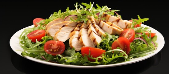 A salad composed of recently prepared arugula tomato and chicken breast