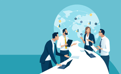 Discussion about global trade and investing. The business team stands at a table in the shape of an arrow pointing to a globe. Business vector illustration.  - obrazy, fototapety, plakaty