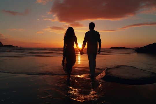Silhoutte of young happy couple walking on the beach on sunset time.
