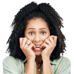 Bite nails, portrait and woman with anxiety isolated on png transparent background with worry,...