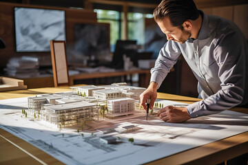 An architect creates a three-dimensional model of a modern city.