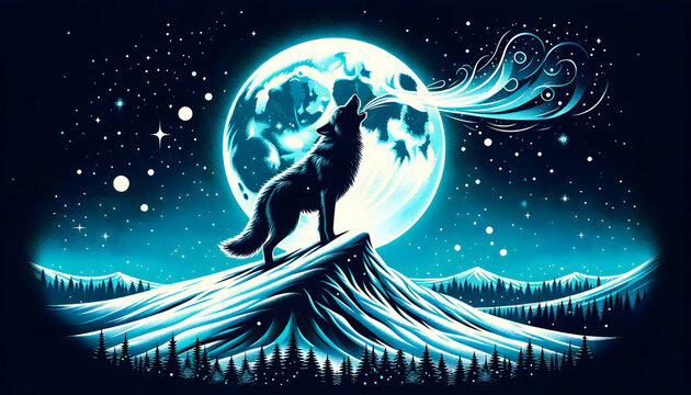 Illustration of a lone wolf, with detailed fur texture visible even in silhouette, howling atop a snowy hill.
