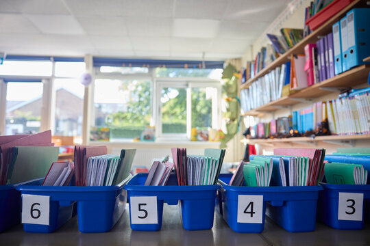 Organiser For Elementary Or Primary School Exercise Books And Folders In Classroom