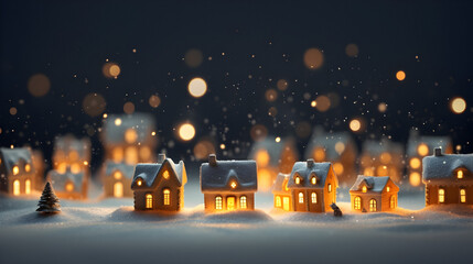 winter decorative houses, Christmas houses, festive winter decorations, winter snowy, blurred background, New Year concept, holiday mood, present gift box, blurred lights, bright gold bokeh, defocused - obrazy, fototapety, plakaty