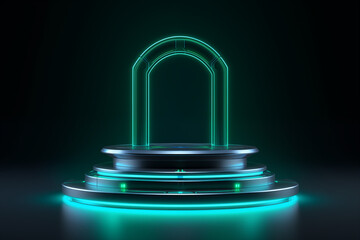 3d concept of a Futuristic Neon-Arched Podium in Turquoise and Black.