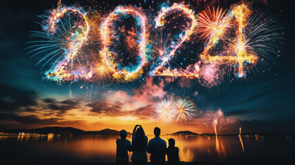 Firework explosion in the night sky celebrating happy new year 2024 . National firework shooting in the beautiful sky for a new year day of year 2024 . - obrazy, fototapety, plakaty