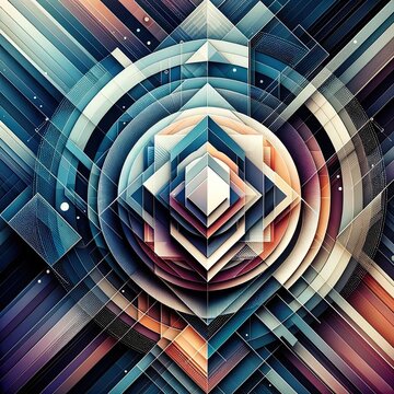 Digital artwork with layered geometric shapes, a mix of cool and warm tones, sharp edges meeting soft curves, and a sense of balance and symmetry throughout. © Amil