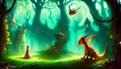 Fototapeta na wymiar a fairy tale landscape with fairy creatures suitable as a background
