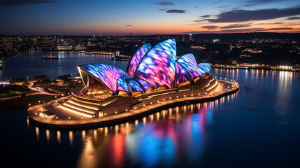 Sydney Opera House: An iconic shot of the Sydney Opera House illuminated with colorful lights in honor of Australia Day - obrazy, fototapety, plakaty