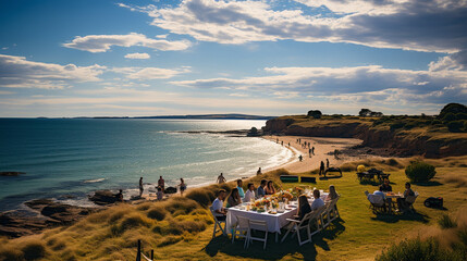 Beach BBQ: A sunny beach landscape with friends and family enjoying a barbecue on Australia Day