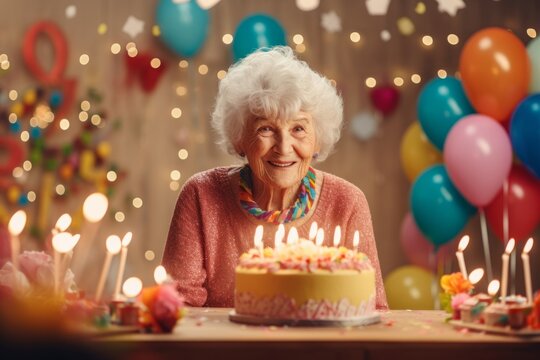 Happy smiling 80 years old woman wears pink cardigan celebrates birthday with cake and candles