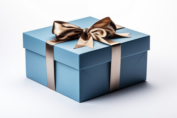 Elegant Blue Gift Box with Luxurious Bronze Satin Ribbon.

