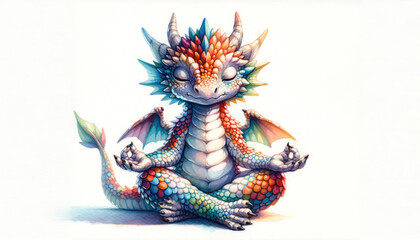 Watercolor illustration of baby dragon meditating in yoga lotus position. Cute and funny illustration © All Creative Lines