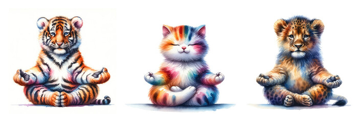 Watercolor illustration of tiger, cat, lion sitting and meditating in yoga lotus position. Cute and funny illustration set - obrazy, fototapety, plakaty