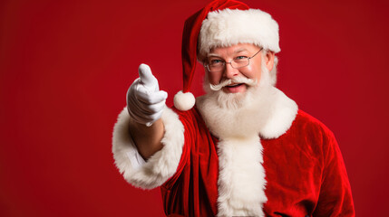 A cheerful Santa Claus in his traditional red attire gives a thumbs-up, exuding the festive spirit of Christmas with his jolly smile and snowy white beard.