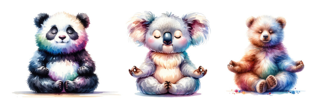 Watercolor illustration of panda, koala, bear sitting and meditating in yoga lotus position. Cute and funny illustration set