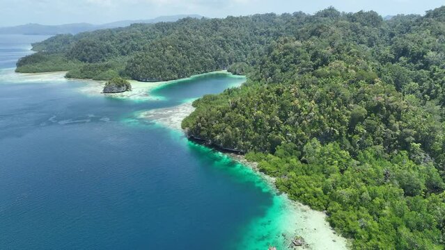 Rugged islands, fringed by reef, rise from  Alyui Bay, a body of water in Waigeo Island in Raja Ampat. This area is known as the heart of the Coral Triangle due to its incredible marine biodiversity.