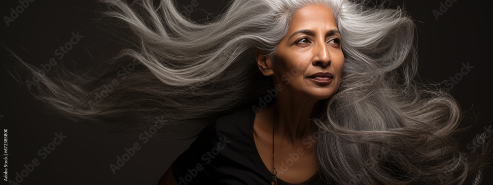 Sticker portrait of senior mature middle aged lady with long gray natural coloring vibrant silky hair.