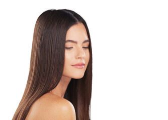 Woman, beauty and straight hair, health and keratin isolated on a transparent png background....