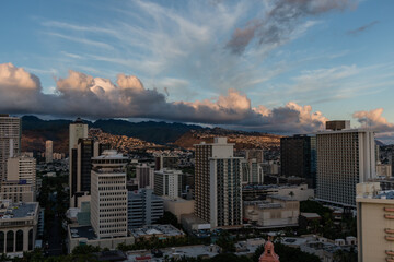 Scenic aerial panoramic Waikiki Beach and Honolulu vista, Oahu, Hawaii