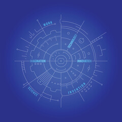 technological background concept. futuristic background design. innovation, technology, imagination, science, invention themed technological interface. navy blue background technical drawing digital i