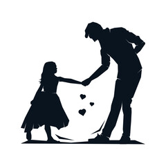 Father with daughter dancing together silhouette. Happy family, dad and cute little girl holding hands. Vector clip art illustration - obrazy, fototapety, plakaty