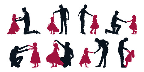 Father dancing with daughter silhouette collection. Happy family, dad and cute little girl. Vector clip art illustration - obrazy, fototapety, plakaty