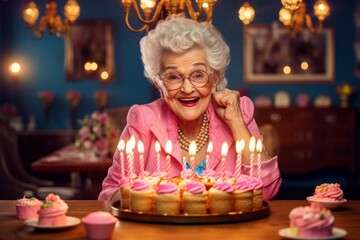 Happy laughing 80 years old woman wears pink suit and glasses celebrates birthday with cake
