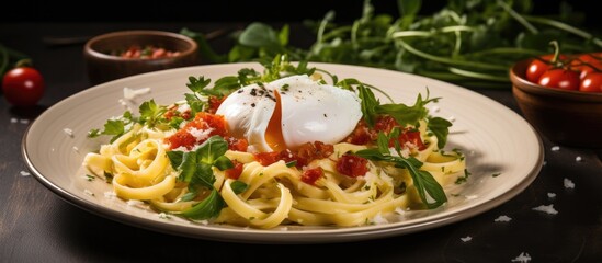 A nourishing morning meal consisting of eggs that are cooked gently and served alongside pasta
