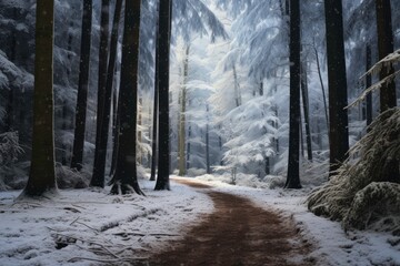 Forest wood in the winter season with snow and path way