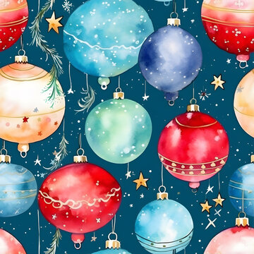Watercolor illustration of Christmas balls and stars seamless pattern with blue background.