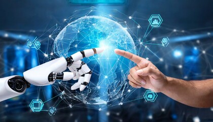 Robot hand and human touching on global virtual network connection future interface. Artificial intelligence technology concept