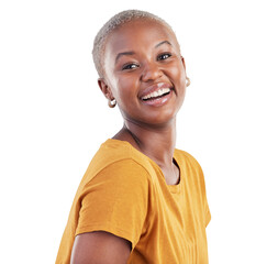 Happy, smile and portrait of young black woman with positive, good and confident attitude....