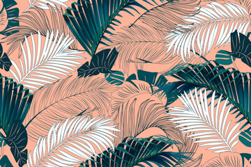 Hawaiian floral seamless pattern with tropical leaves and flowers. Exotic vector background. Tropical summer print.