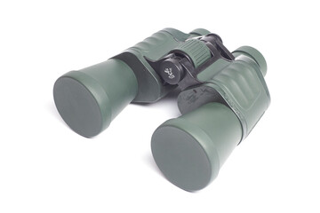 Green military binoculars isolated on white background.