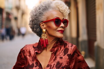 Beautiful stylish 80 years old senior woman wears red lipstick and sunglasses on the street