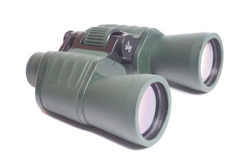 Green military binoculars isolated on white background.