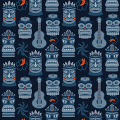 Hawaiian tribal Tiki elements, ukulele and hibiscus fabric abstract vintage vector seamless pattern in deep dark blue colors - 672386687