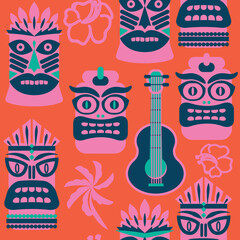 Hawaiian tribal Tiki elements, ukulele and hibiscus fabric abstract vintage vector seamless pattern in coral red and blue colors - 672386836