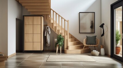 Scandinavian interior design of modern entrance hall with grid door, staircase and rustic wooden accent pieces.