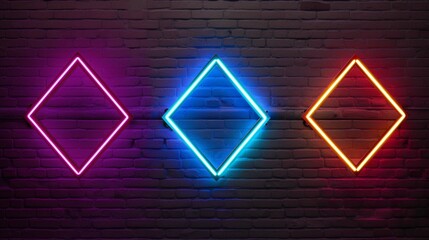 Set of glowing neon arrows. Glowing neon arrow pointers on brick wall background. Retro signboard with bright neon tubes in red, yellow, purple and blue colors 