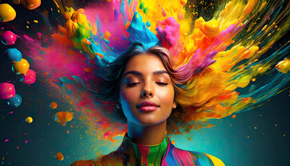 A colorful glowing woman portrait, creative abstract multicolor explosion of ideas, bright ideas, brainstorming