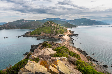 Rocky Coastline. Sanguinaire islands and Parata Tower in Corsica. Near Ajaccio in the Mediterranean Sea, Torra Ghjinuvesa di a Parata, Corsica, France