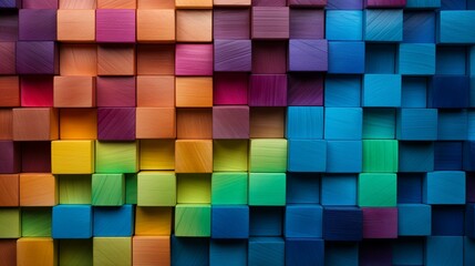 Fototapeta na wymiar Spectrum of stacked multi-colored wooden blocks. Background or cover for something creative, diverse, expanding, rising or growing. Shallow depth of field. 