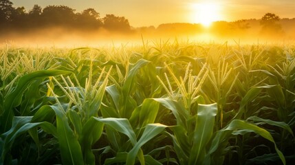 Sunrise over a cornfield at dawn in Illinois in July, dew still on the leaves, sun beams causing camera flare, serene