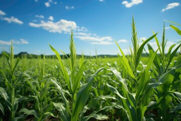 Landscape view of Corn field with blue sky background.