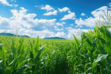 Landscape view of Corn field with blue sky background.