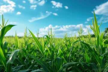 Obraz premium Landscape view of Corn field with blue sky background.